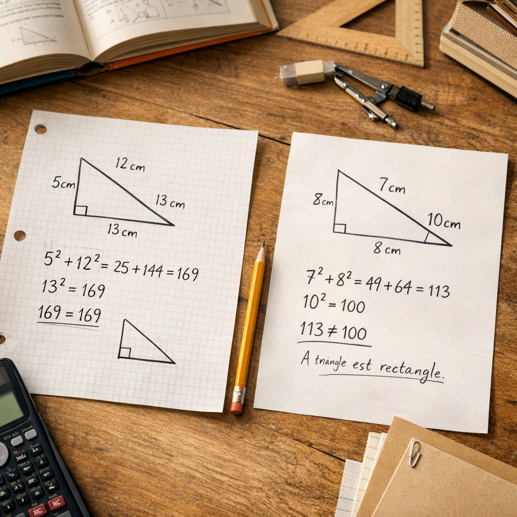 Comment savoir si un triangle est rectangle avec 3 mesures : deux exemples résolus