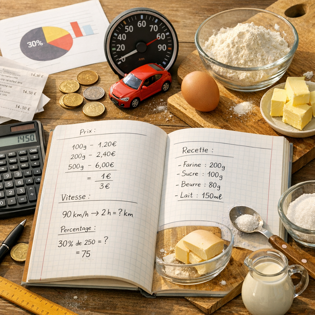 Exercices corrigés de 4ème&nbsp;: prix, vitesse, pourcentage et recette